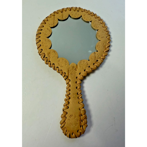 Vintage Handmade Small Decorated Russian Birch Wood Hand Mirror with Handle - Picture 1 of 3